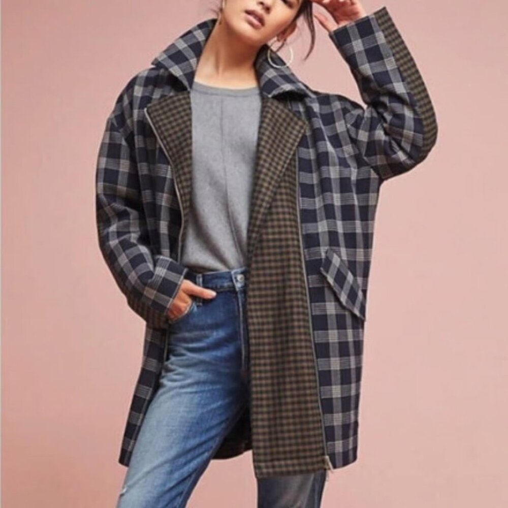 Anthropologie Navy and Gray Plaid Oversized Reversible Coat